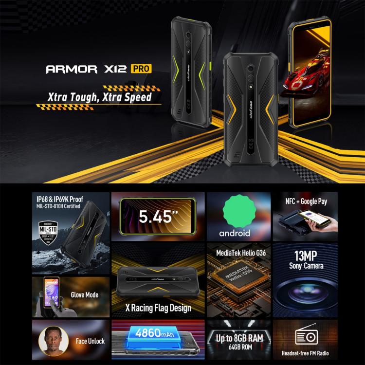 Ulefone Armor X12 Pro, 4GB+64GB, IP68/IP69K Rugged Phone, 5.45 inch Android 13 MediaTek Helio G36 Octa Core, Network: 4G, NFC(All Black) - free shipping - PMC TechLife - Order now!