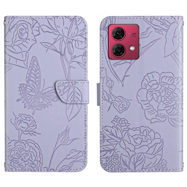 For Motorola Moto G84 HT03 Skin Feel Butterfly Embossed Flip Leather Phone Case(Purple) - Motorola Cases by PMC Jewellery | Online Shopping South Africa | PMC Jewellery | Buy Now Pay Later Mobicred