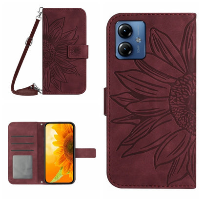 For Motorola Moto G54 HT04 Skin Feel Sun Flower Embossed Flip Leather Phone Case with Lanyard(Wine Red) - Motorola Cases by PMC Jewellery | Online Shopping South Africa | PMC Jewellery | Buy Now Pay Later Mobicred