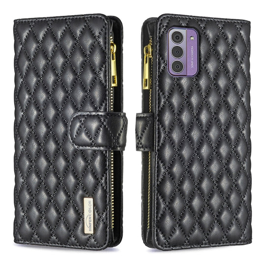 For Nokia G42/G310 Diamond Lattice Zipper Wallet Leather Flip Phone Case(Black) - Nokia Cases by PMC Jewellery | Online Shopping South Africa | PMC Jewellery | Buy Now Pay Later Mobicred