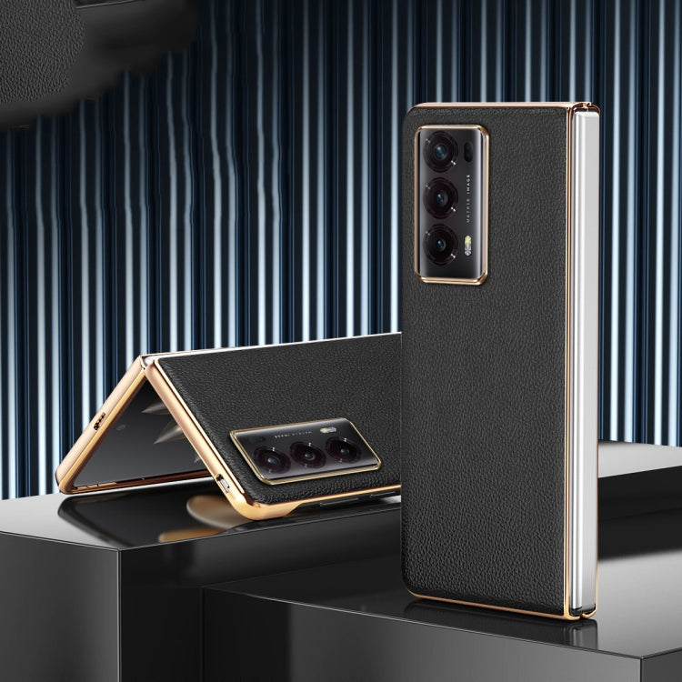 For Honor Magic V2 Litchi Pattern Electroplating Frame Phone Case(Black) - Honor Cases by PMC TechLife | Online Shopping South Africa | PMC TechLife | Buy Now Pay Later Mobicred