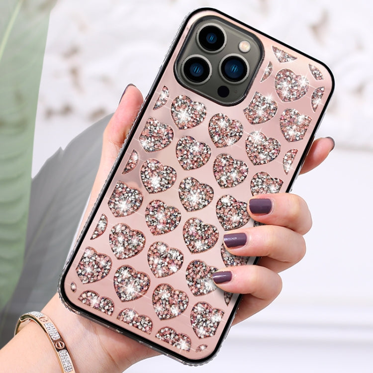 For iPhone 14 Pro Max Love Hearts Diamond Mirror TPU Phone Case(Rose Gold) - iPhone 14 Pro Max Cases by PMC Jewellery | Online Shopping South Africa | PMC Jewellery