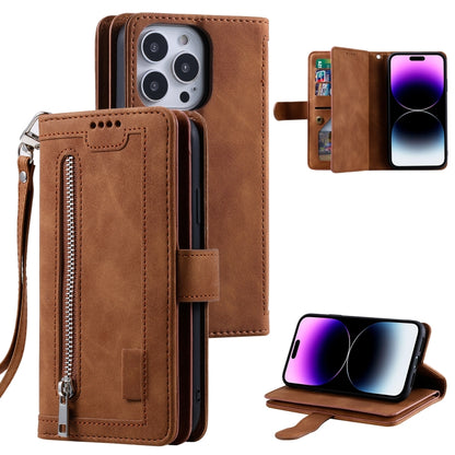 For iPhone 16 Pro Nine Card Zipper Bag Leather Phone Case with Lanyard(Brown) - iPhone 16 Pro Cases by PMC Jewellery | Online Shopping South Africa | PMC Jewellery | Buy Now Pay Later Mobicred