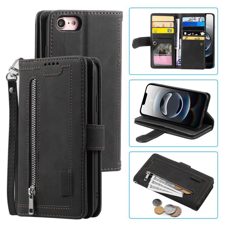 For iPhone 16e Nine Card Zipper Bag Leather Phone Case with Lanyard(Black) - iPhone 16e Cases by PMC TechLife | Online Shopping South Africa | PMC TechLife | Buy Now Pay Later Mobicred