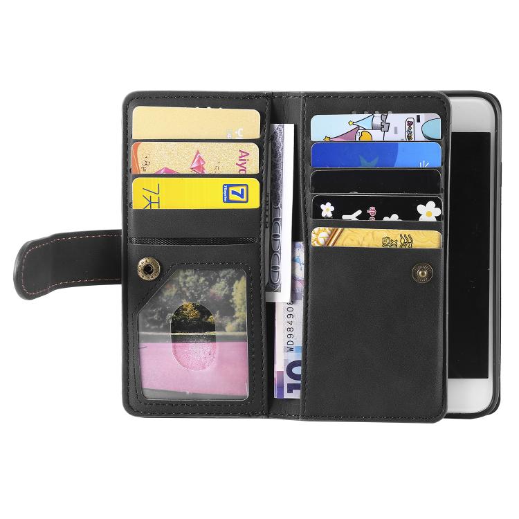 For iPhone 16e Nine Card Zipper Bag Leather Phone Case with Lanyard(Black) - iPhone 16e Cases by PMC TechLife | Online Shopping South Africa | PMC TechLife | Buy Now Pay Later Mobicred