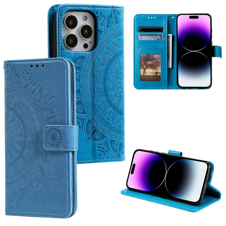 For iPhone 16 Pro Max Totem Flower Embossed Leather Phone Case(Blue) - iPhone 16 Pro Max Cases by PMC Jewellery | Online Shopping South Africa | PMC Jewellery | Buy Now Pay Later Mobicred