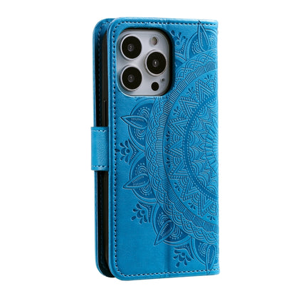 For iPhone 16 Pro Max Totem Flower Embossed Leather Phone Case(Blue) - iPhone 16 Pro Max Cases by PMC Jewellery | Online Shopping South Africa | PMC Jewellery | Buy Now Pay Later Mobicred