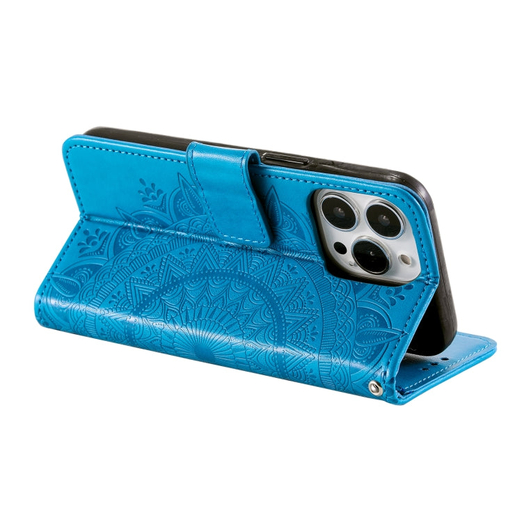 For iPhone 16 Pro Max Totem Flower Embossed Leather Phone Case(Blue) - iPhone 16 Pro Max Cases by PMC Jewellery | Online Shopping South Africa | PMC Jewellery | Buy Now Pay Later Mobicred