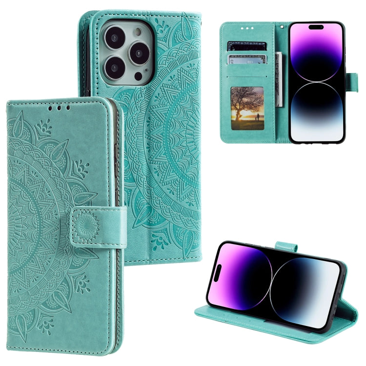 For iPhone 16 Pro Totem Flower Embossed Leather Phone Case(Green) - iPhone 16 Pro Cases by PMC Jewellery | Online Shopping South Africa | PMC Jewellery | Buy Now Pay Later Mobicred