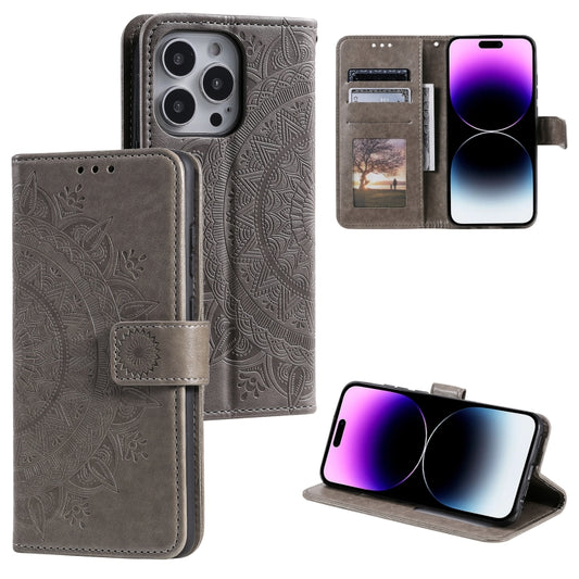 For iPhone 16 Pro Totem Flower Embossed Leather Phone Case(Grey) - iPhone 16 Pro Cases by PMC Jewellery | Online Shopping South Africa | PMC Jewellery | Buy Now Pay Later Mobicred