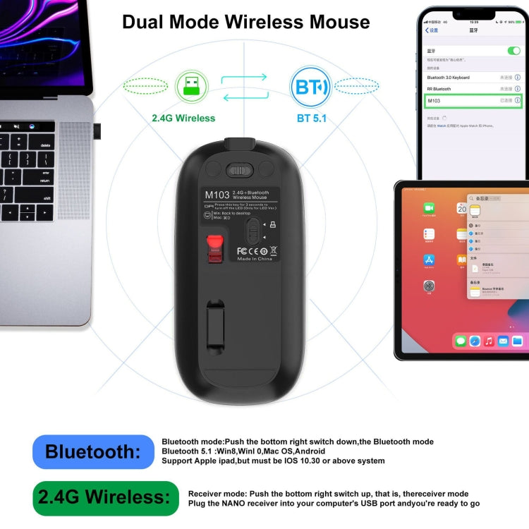 HXSJ M103 1600DPI Dual Mode 2.4GHz + Bluetooth 5.1 Wireless Rechargeable Mouse(Grey) - Wireless Mice by HXSJ | Online Shopping South Africa | PMC Jewellery