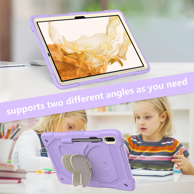 For Samsung Galaxy Tab S9 Butterfly Kickstand Heavy Duty Hard Rugged Tablet Case(Beige+Raro Purple) - Galaxy Tab S9 Cases by PMC Jewellery | Online Shopping South Africa | PMC Jewellery | Buy Now Pay Later Mobicred