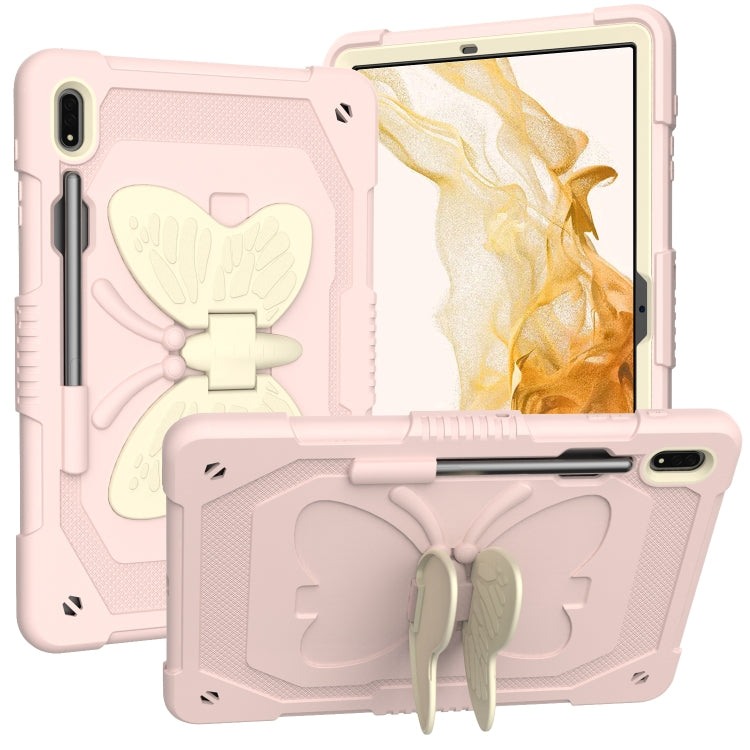 For Samsung Galaxy Tab S9 Butterfly Kickstand Heavy Duty Hard Rugged Tablet Case(Beige+Rose Pink) - Galaxy Tab S9 Cases by PMC Jewellery | Online Shopping South Africa | PMC Jewellery | Buy Now Pay Later Mobicred