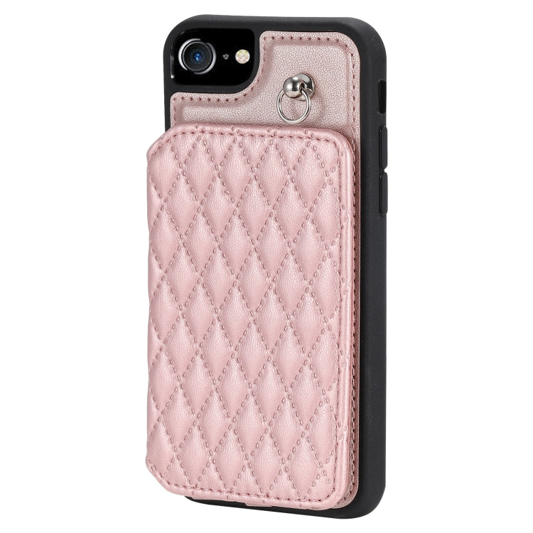 For iPhone SE 2022 / 2020 / 8 / 7 Grid Texture Card Bag Phone Case with Lanyard(Rose Gold) - iPhone SE 2022 / 2020 / 8 / 7 Cases by PMC Jewellery | Online Shopping South Africa | PMC Jewellery