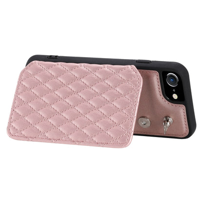 For iPhone SE 2022 / 2020 / 8 / 7 Grid Texture Card Bag Phone Case with Lanyard(Rose Gold) - iPhone SE 2022 / 2020 / 8 / 7 Cases by PMC Jewellery | Online Shopping South Africa | PMC Jewellery