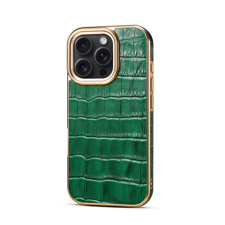 For iPhone 16 Pro Max Denior Crocodile Texture Genuine Leather Electroplating Phone Case(Green) - More iPhone Cases by Denior | Online Shopping South Africa | PMC Jewellery | Buy Now Pay Later Mobicred