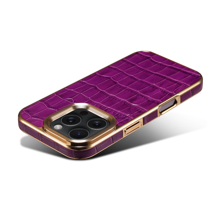 For iPhone 16 Pro Denior Crocodile Texture Genuine Leather Electroplating Phone Case(Purple) - More iPhone Cases by Denior | Online Shopping South Africa | PMC Jewellery | Buy Now Pay Later Mobicred