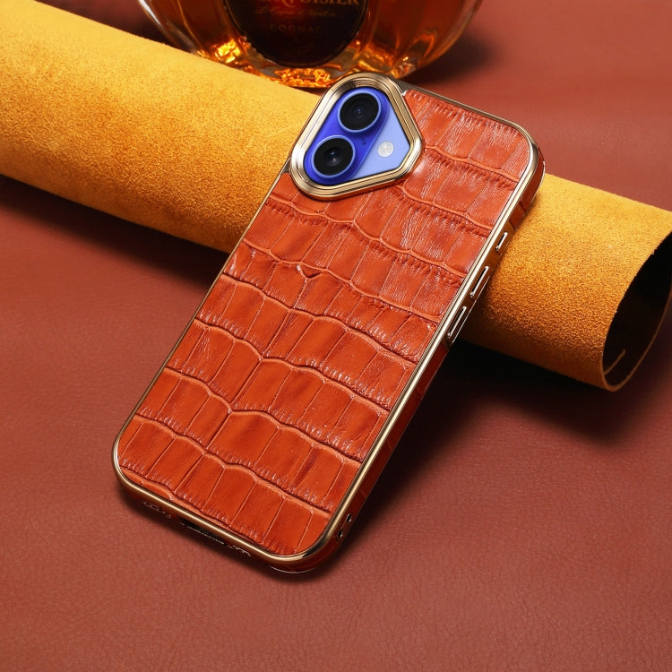 For iPhone 16 Plus Denior Crocodile Texture Genuine Leather Electroplating Phone Case(Mocha Brown) - More iPhone Cases by Denior | Online Shopping South Africa | PMC Jewellery | Buy Now Pay Later Mobicred