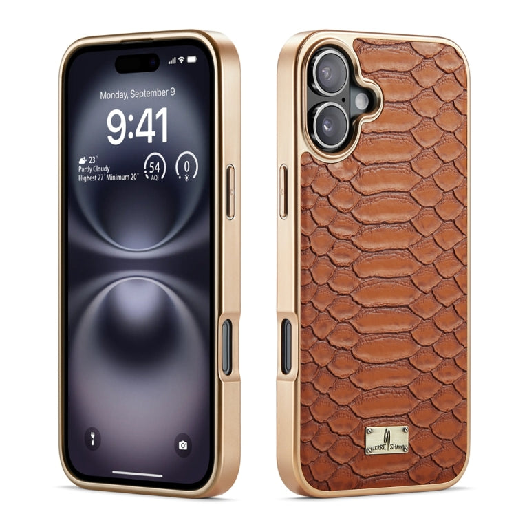 For iPhone 16 Plus Fierre Shann Python Texture Electroplating PU Phone Case(Brown) - iPhone 16 Plus Cases by FIERRE SHANN | Online Shopping South Africa | PMC Jewellery | Buy Now Pay Later Mobicred