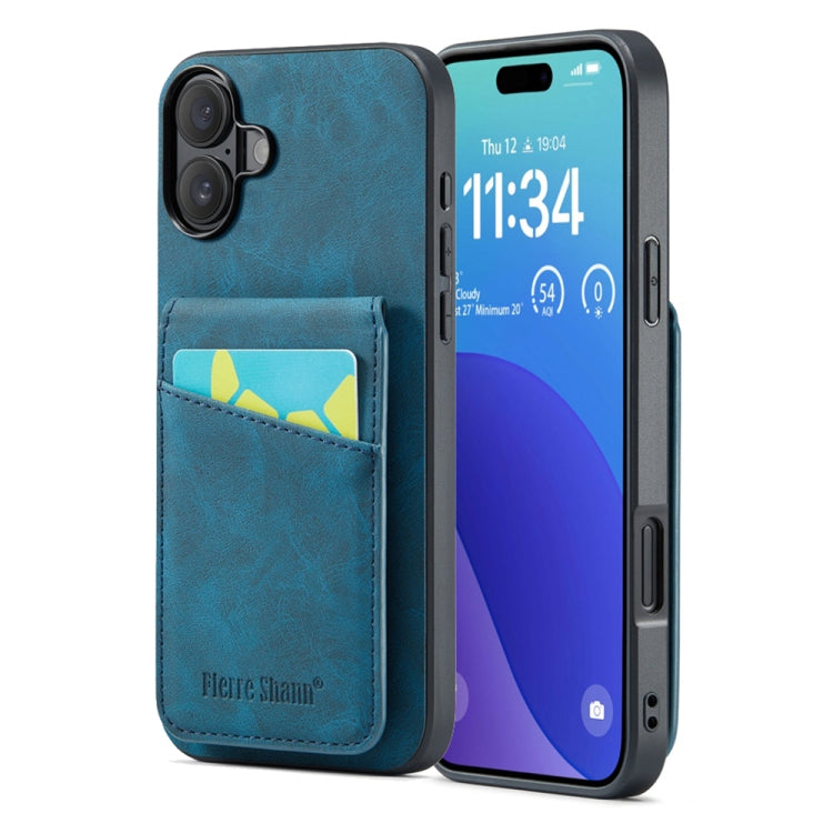 For iPhone 16 Plus Fierre Shann Crazy Horse Card Holder Back Cover PU Phone Case(Blue) - iPhone 16 Plus Cases by FIERRE SHANN | Online Shopping South Africa | PMC Jewellery | Buy Now Pay Later Mobicred