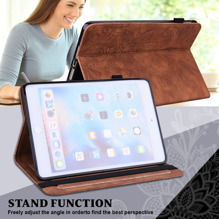 For Samsung Galaxy Tab S9 Lace Flower Embossing Pattern Leather Tablet Case(Brown) - Galaxy Tab S9 Cases by PMC Jewellery | Online Shopping South Africa | PMC Jewellery | Buy Now Pay Later Mobicred