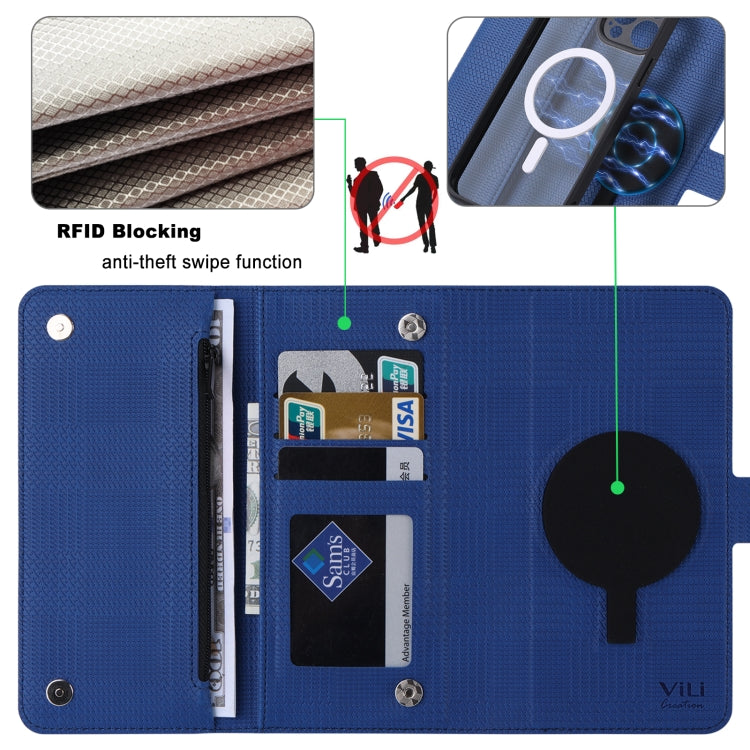 For iPhone 13 ViLi GHB Series MagSafe Magnetic Zipper Leather Phone Case(Blue) - iPhone 13 Cases by ViLi | Online Shopping South Africa | PMC Jewellery | Buy Now Pay Later Mobicred