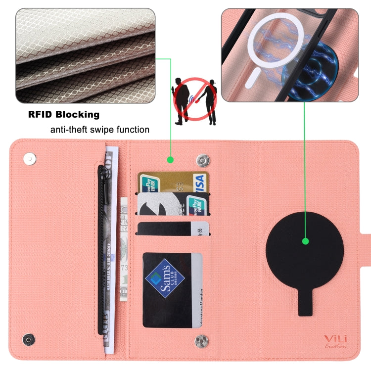 For iPhone 14 Pro Max ViLi GHB Series MagSafe Magnetic Zipper Leather Phone Case(Pink) - iPhone 14 Pro Max Cases by ViLi | Online Shopping South Africa | PMC Jewellery | Buy Now Pay Later Mobicred