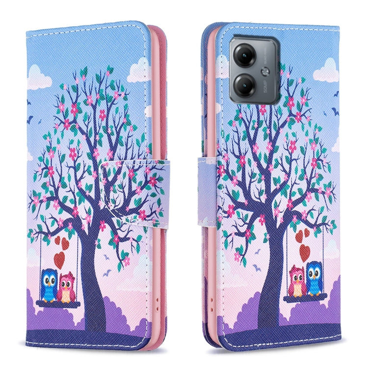 For Motorola Moto G14 4G Colored Drawing Pattern Leather Phone Case(Owl) - Motorola Cases by PMC Jewellery | Online Shopping South Africa | PMC Jewellery | Buy Now Pay Later Mobicred