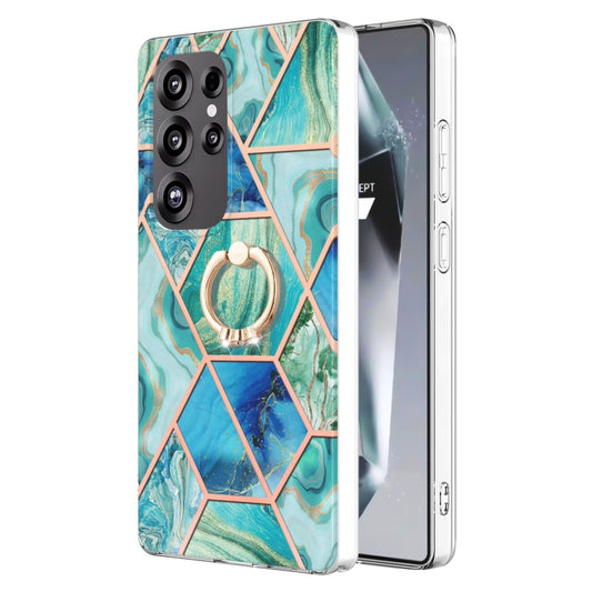 For Samsung Galaxy S25 Ultra 5G Splicing Marble Flower IMD TPU Phone Case Ring Holder(Green) - Galaxy S25 Ultra 5G Cases by PMC Jewellery | Online Shopping South Africa | PMC Jewellery | Buy Now Pay Later Mobicred