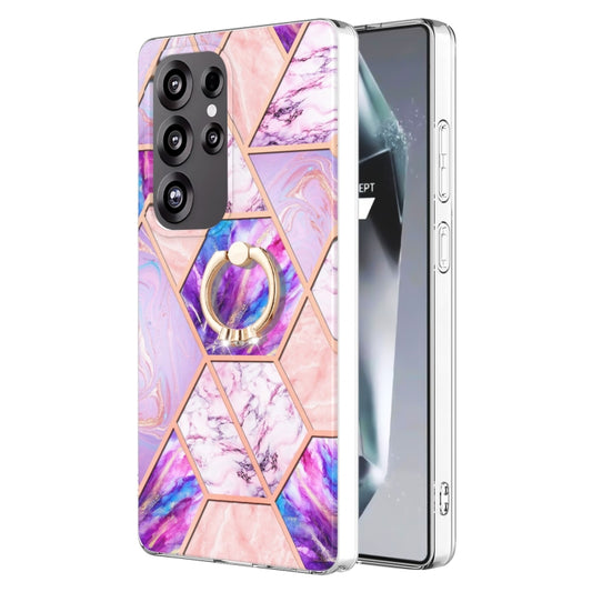 For Samsung Galaxy S25 Ultra 5G Splicing Marble Flower IMD TPU Phone Case Ring Holder(Light Purple) - Galaxy S25 Ultra 5G Cases by PMC Jewellery | Online Shopping South Africa | PMC Jewellery | Buy Now Pay Later Mobicred