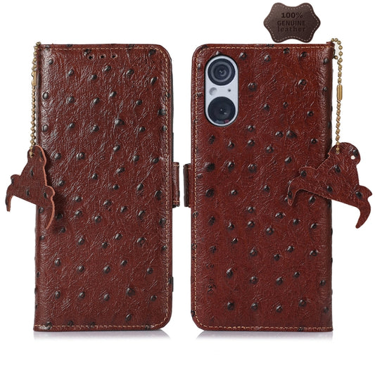 For Sony Xperia 5 V Ostrich Pattern Genuine Leather RFID Phone Case(Coffee) - Sony Cases by PMC Jewellery | Online Shopping South Africa | PMC Jewellery | Buy Now Pay Later Mobicred