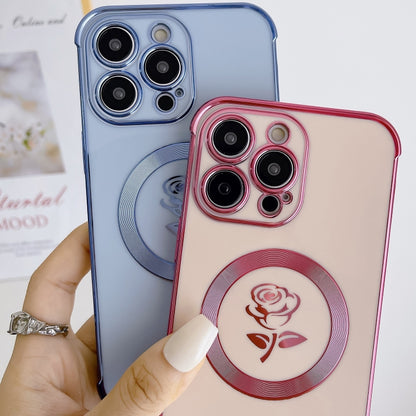 For iPhone 14 Plus Electroplate Side Roses Flower MagSafe Phone Case(Purple) - iPhone 14 Plus Cases by PMC Jewellery | Online Shopping South Africa | PMC Jewellery