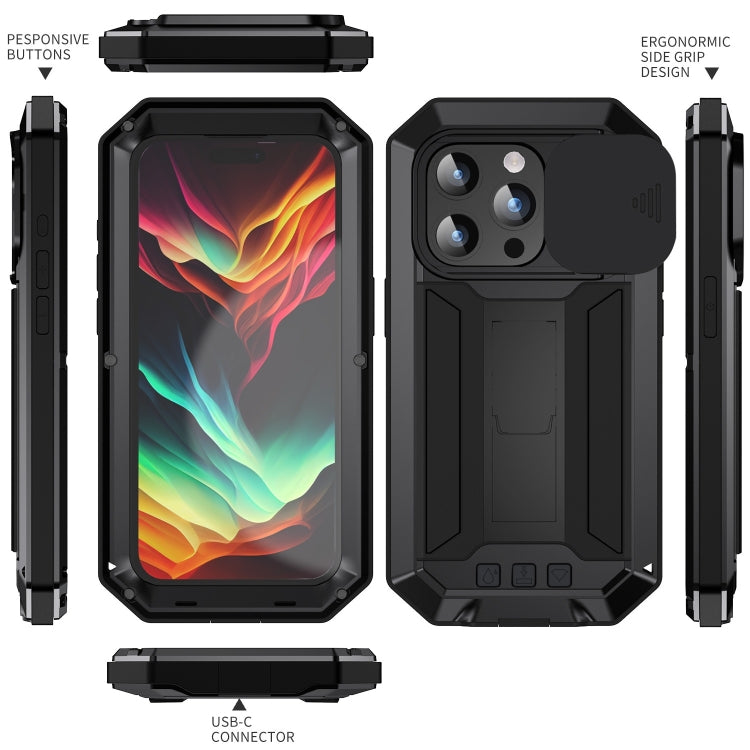 For iPhone 15 Pro Max R-JUST Sliding Camera IP54 Life Waterproof Holder Phone Case(Black) - free shipping - PMC TechLife - Order now!