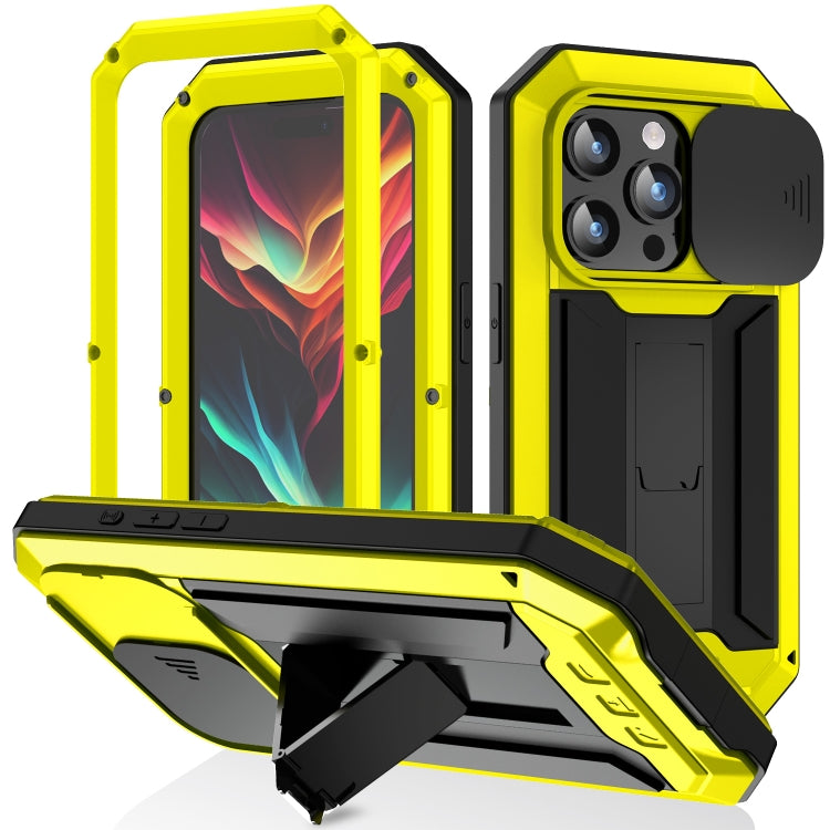 For iPhone 15 Pro R-JUST Sliding Camera IP54 Life Waterproof Holder Phone Case(Yellow) - iPhone 15 Pro Cases by R-JUST | Online Shopping South Africa | PMC Jewellery | Buy Now Pay Later Mobicred