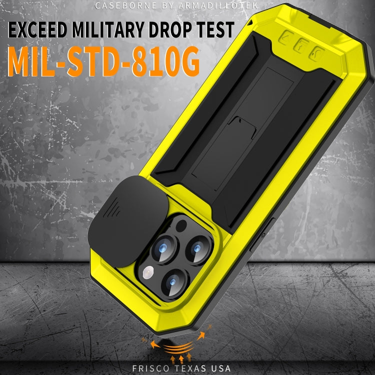 For iPhone 15 Pro R-JUST Sliding Camera IP54 Life Waterproof Holder Phone Case(Yellow) - iPhone 15 Pro Cases by R-JUST | Online Shopping South Africa | PMC TechLife | Buy Now Pay Later Mobicred