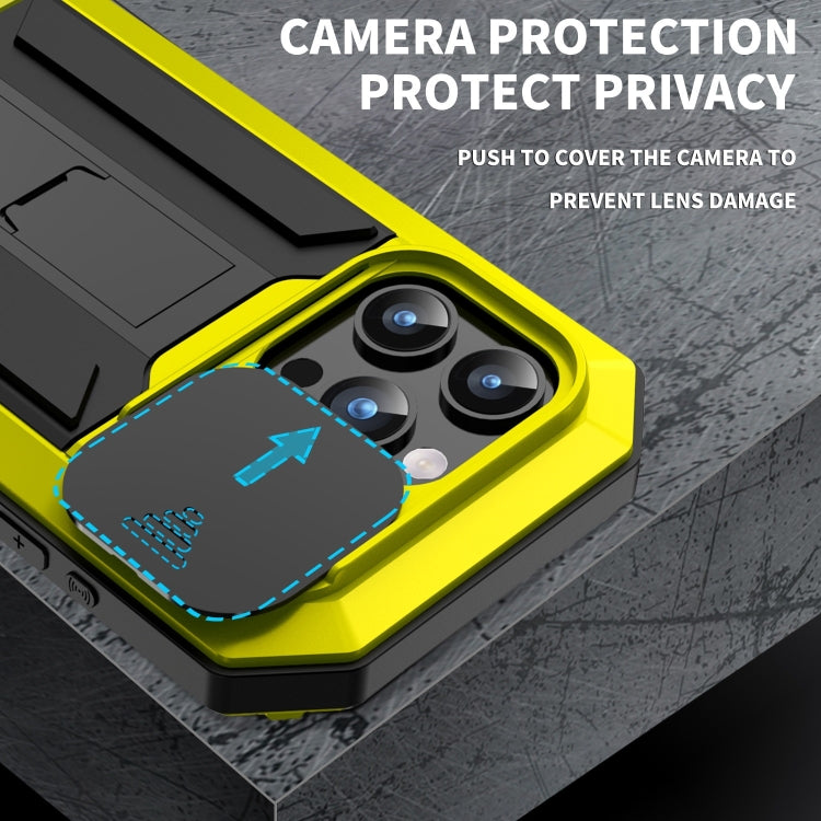 For iPhone 15 Pro R-JUST Sliding Camera IP54 Life Waterproof Holder Phone Case(Yellow) - iPhone 15 Pro Cases by R-JUST | Online Shopping South Africa | PMC Jewellery | Buy Now Pay Later Mobicred