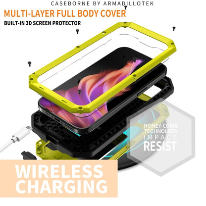 For iPhone 15 R-JUST Sliding Camera IP54 Life Waterproof Holder Phone Case(Yellow) - iPhone 15 Cases by R-JUST | Online Shopping South Africa | PMC Jewellery | Buy Now Pay Later Mobicred