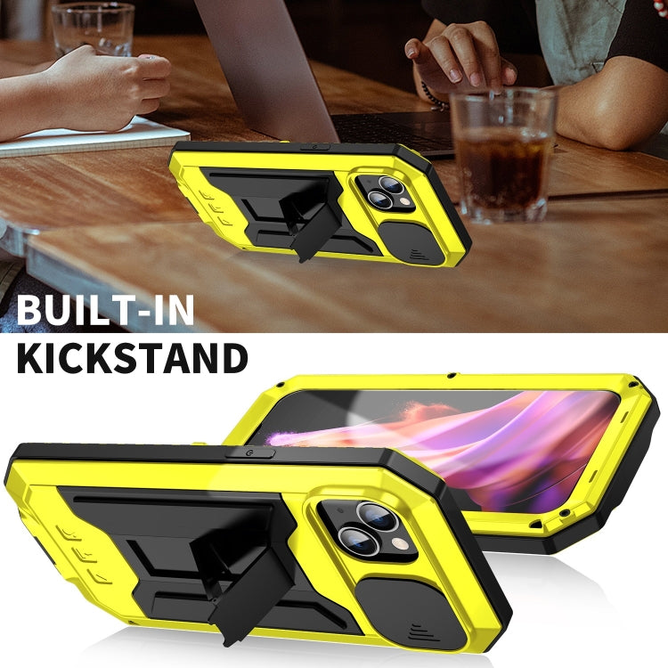 For iPhone 15 R-JUST Sliding Camera IP54 Life Waterproof Holder Phone Case(Yellow) - iPhone 15 Cases by R-JUST | Online Shopping South Africa | PMC Jewellery | Buy Now Pay Later Mobicred