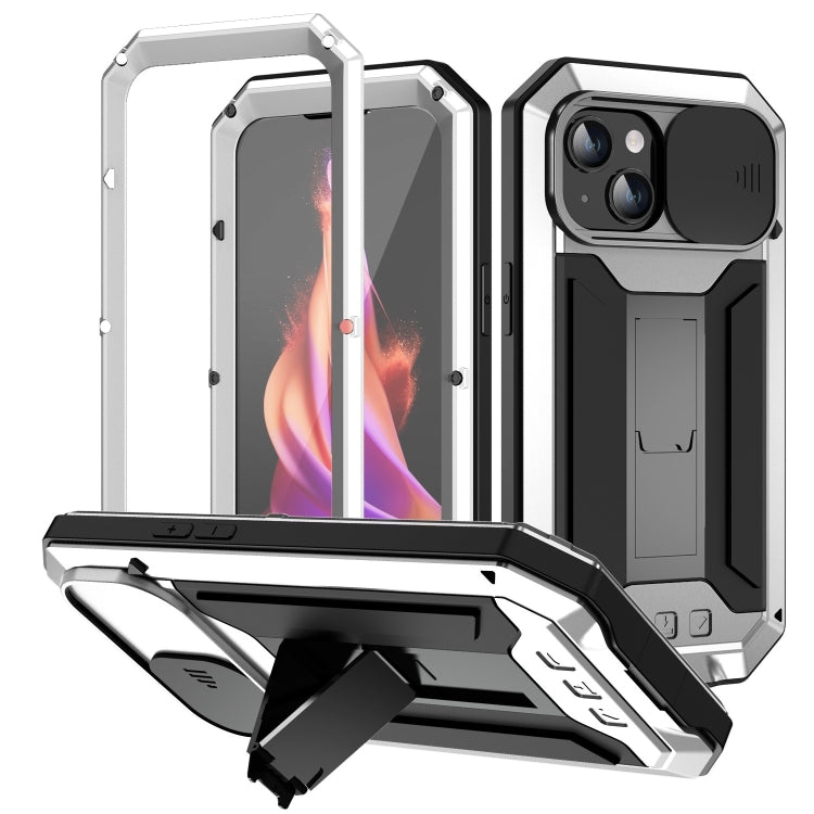 For iPhone 15 R-JUST Sliding Camera IP54 Life Waterproof Holder Phone Case(Silver) - iPhone 15 Cases by R-JUST | Online Shopping South Africa | PMC Jewellery | Buy Now Pay Later Mobicred