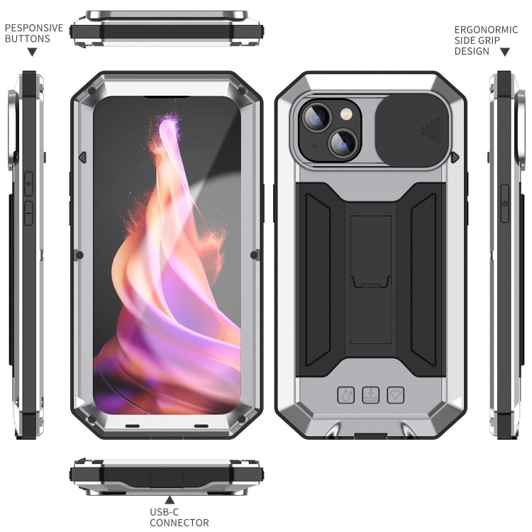 For iPhone 15 R-JUST Sliding Camera IP54 Life Waterproof Holder Phone Case(Silver) - iPhone 15 Cases by R-JUST | Online Shopping South Africa | PMC Jewellery | Buy Now Pay Later Mobicred