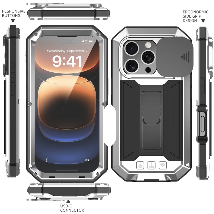 For iPhone 16 Pro R-JUST Sliding Camera IP54 Life Waterproof Holder Phone Case(Silver) - iPhone 16 Pro Cases by R-JUST | Online Shopping South Africa | PMC Jewellery | Buy Now Pay Later Mobicred