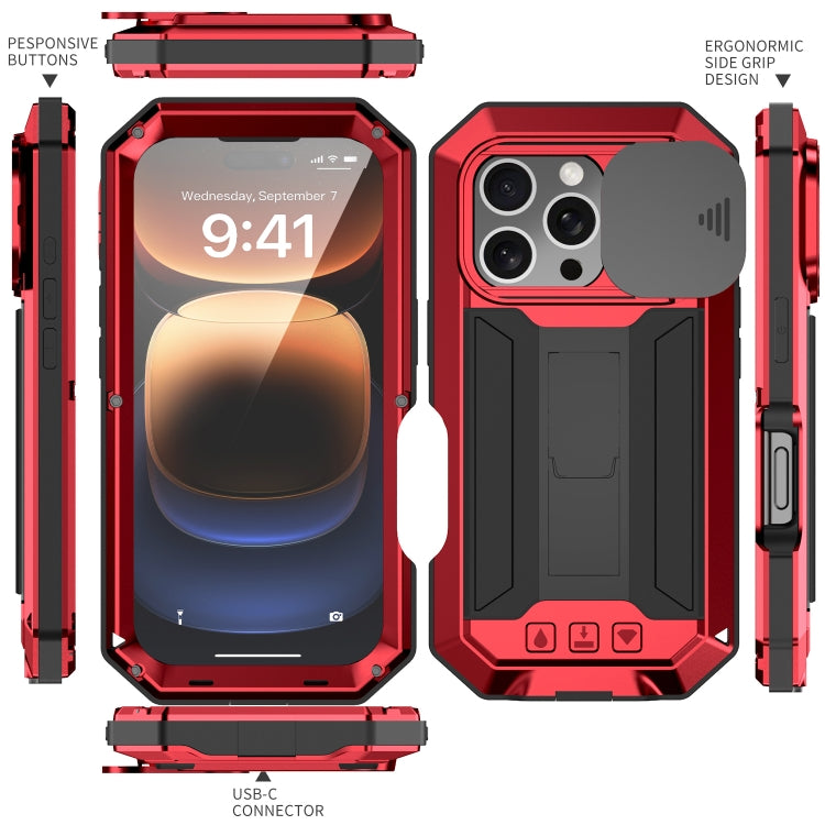 For iPhone 16 Pro Max R-JUST Sliding Camera IP54 Life Waterproof Holder Phone Case(Red) - iPhone 16 Pro Max Cases by R-JUST | Online Shopping South Africa | PMC Jewellery | Buy Now Pay Later Mobicred