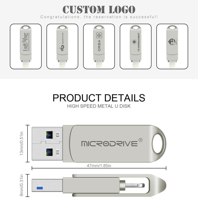 MicroDrive 2 In 1  8 Pin + USB 2.0 Portable Metal USB Flash Disk, Capacity:256GB(Silver) - USB Flash Drives by MICRODRIVE | Online Shopping South Africa | PMC Jewellery | Buy Now Pay Later Mobicred