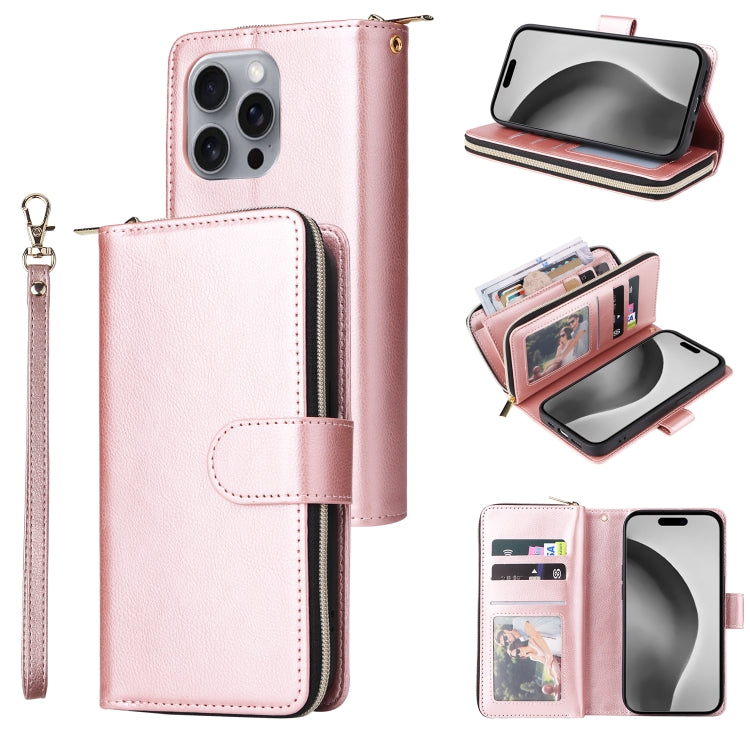 For iPhone 16 Pro Max 9 Card Slots Zipper Wallet Bag Leather Phone Case(Rose Gold) - iPhone 16 Pro Max Cases by PMC Jewellery | Online Shopping South Africa | PMC Jewellery | Buy Now Pay Later Mobicred