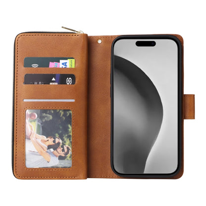 For iPhone 16 Pro Max 9 Card Slots Zipper Wallet Bag Leather Phone Case(Brown) - iPhone 16 Pro Max Cases by PMC Jewellery | Online Shopping South Africa | PMC Jewellery | Buy Now Pay Later Mobicred