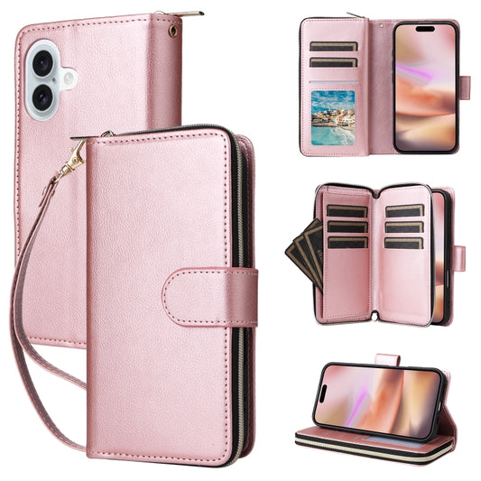 For iPhone 16 Plus 9 Card Slots Zipper Wallet Bag Leather Phone Case(Rose Gold) - iPhone 16 Plus Cases by PMC Jewellery | Online Shopping South Africa | PMC Jewellery | Buy Now Pay Later Mobicred