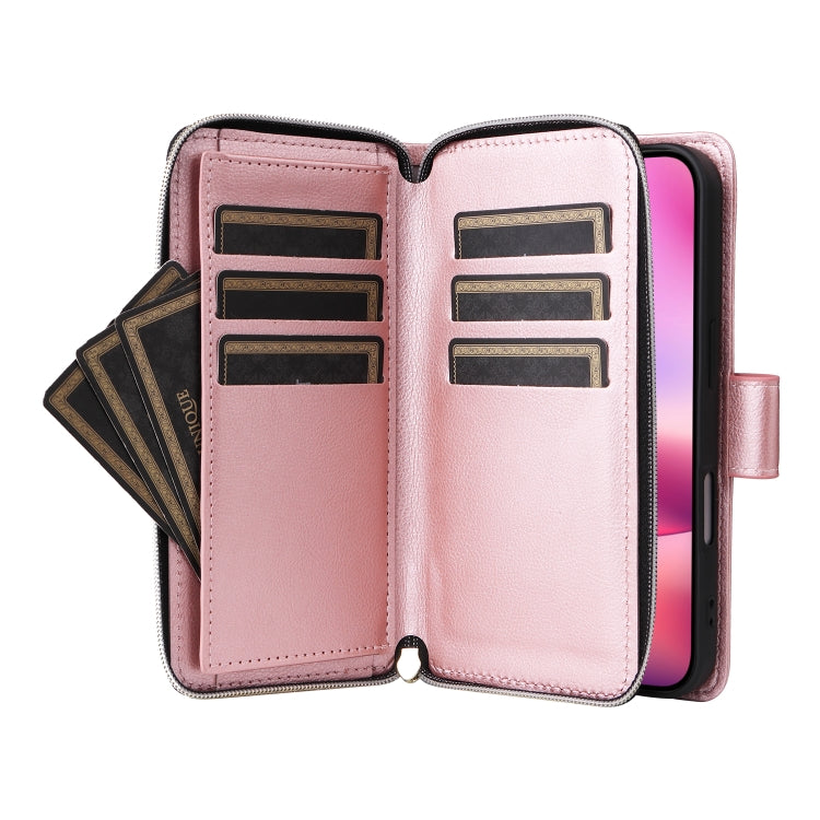 For iPhone 16 9 Card Slots Zipper Wallet Bag Leather Phone Case(Rose Gold) - iPhone 16 Cases by PMC Jewellery | Online Shopping South Africa | PMC Jewellery | Buy Now Pay Later Mobicred