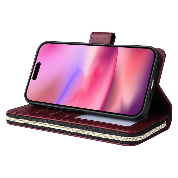 For iPhone 16 9 Card Slots Zipper Wallet Bag Leather Phone Case(Wine Red) - iPhone 16 Cases by PMC Jewellery | Online Shopping South Africa | PMC Jewellery | Buy Now Pay Later Mobicred