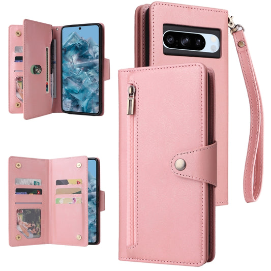 For Google Pixel 8a Rivet Buckle 9 Cards Three Fold Leather Phone Case(Rose Gold) - Google Cases by PMC Jewellery | Online Shopping South Africa | PMC Jewellery | Buy Now Pay Later Mobicred