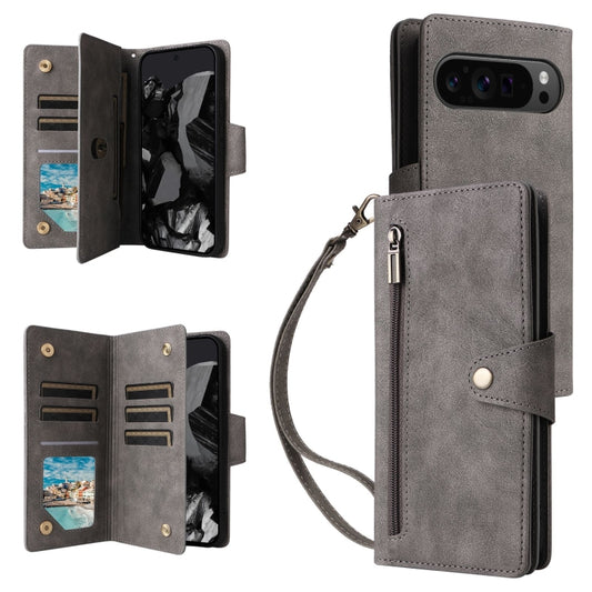 For Google Pixel 9 Pro Rivet Buckle 9 Cards Three Fold Leather Phone Case(Grey) - Google Cases by PMC Jewellery | Online Shopping South Africa | PMC Jewellery | Buy Now Pay Later Mobicred